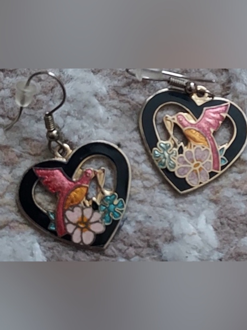 Earrings enamel bird & floral hearts, black pink, green. Drop , pierced, hook